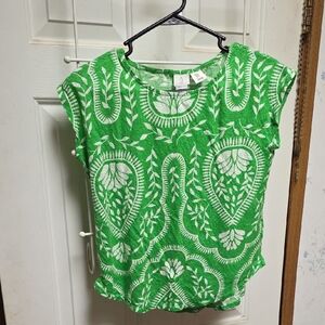 Joie Linen Green and White Printed Cap Sleeve Blouse